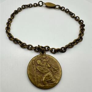 Antique Art Deco 1920s St. Christopher Catholic medal brass chain bracelet